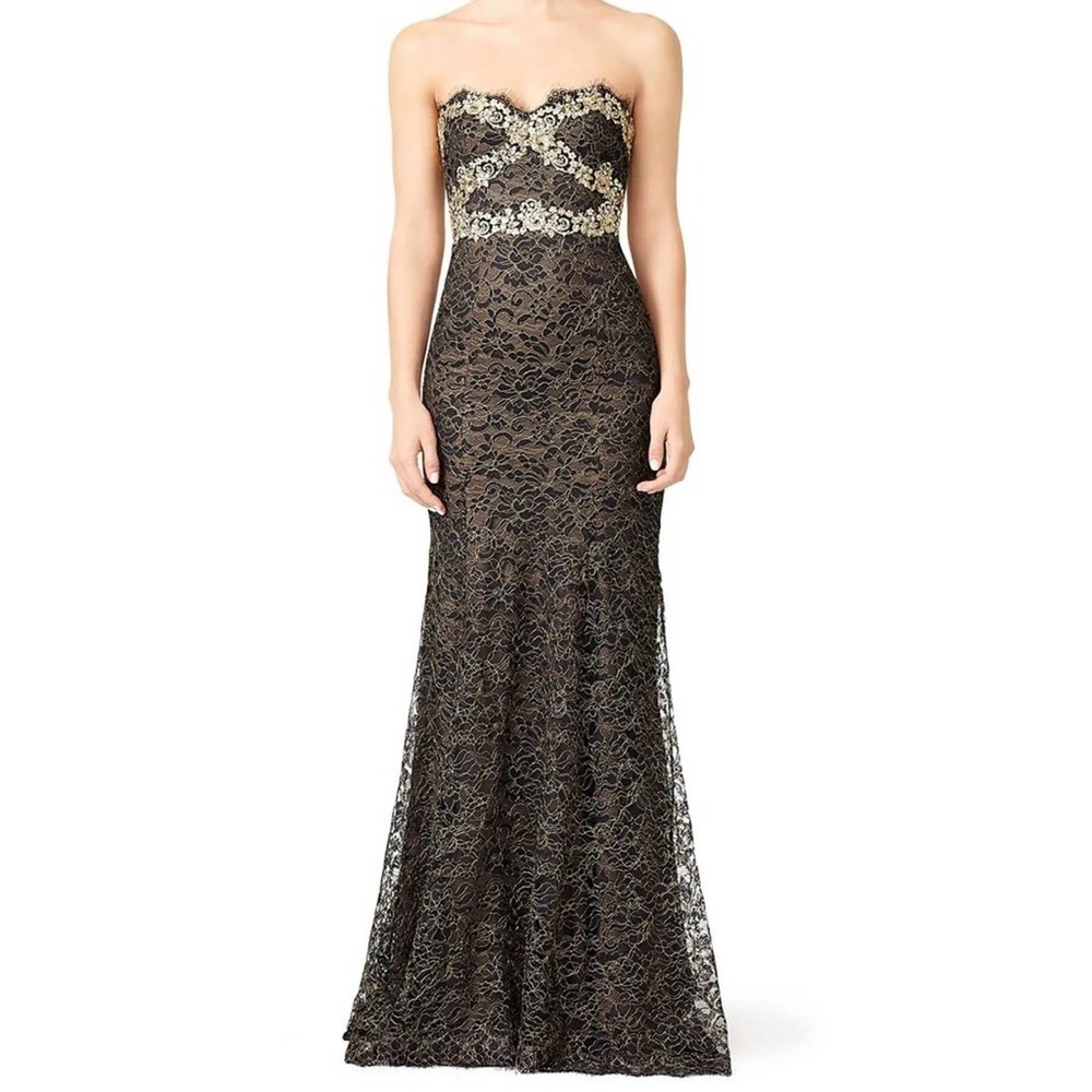 Marchesa notte gilded gold black lace strapless sweetheart gown
